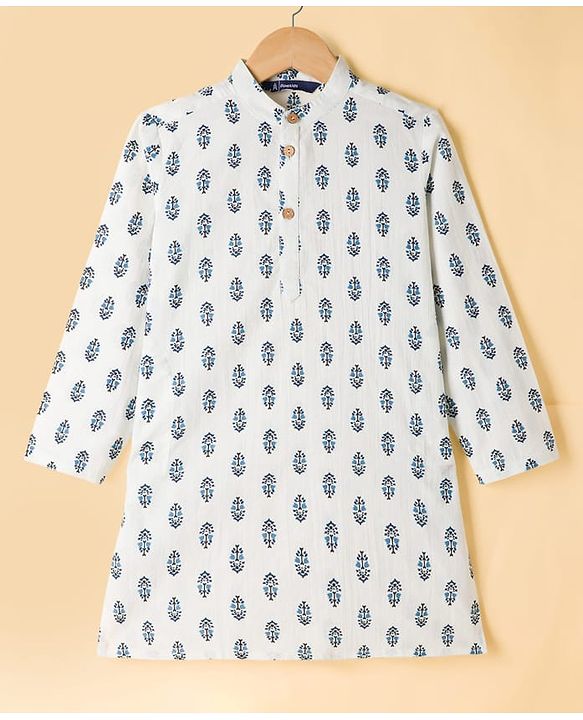 Pine Kids Cotton Woven Full Sleeves Kurta Pyjama Set With Floral Print & Nehru Jacket - White
