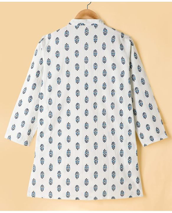 Pine Kids Cotton Woven Full Sleeves Kurta Pyjama Set With Floral Print & Nehru Jacket - White