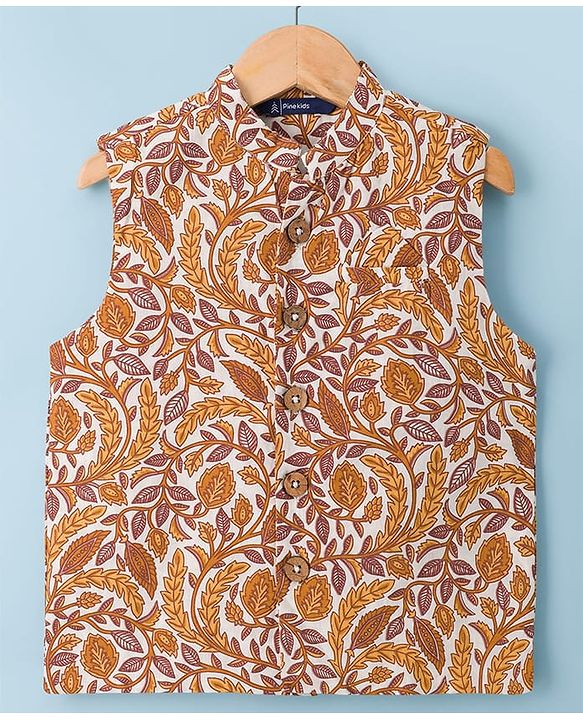 Pine Kids Cotton Woven Full Sleeves Kurta Pyjama Set With Floral Printed Nehru Jacket - Mustard