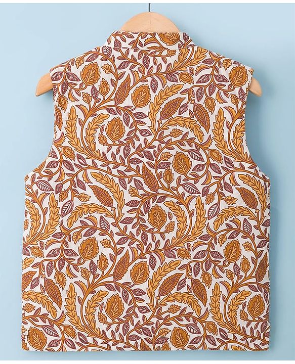 Pine Kids Cotton Woven Full Sleeves Kurta Pyjama Set With Floral Printed Nehru Jacket - Mustard