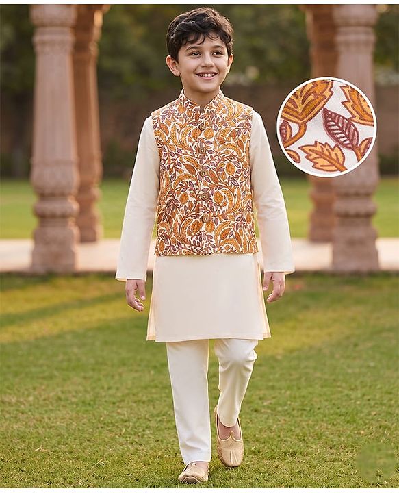 Pine Kids Cotton Woven Full Sleeves Kurta Pyjama Set With Floral Printed Nehru Jacket - Mustard