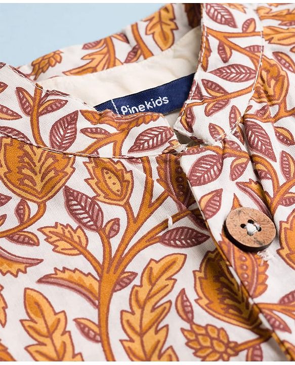 Pine Kids Cotton Woven Full Sleeves Kurta Pyjama Set With Floral Printed Nehru Jacket - Mustard