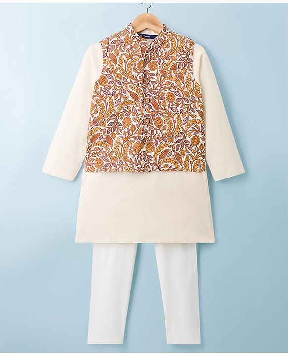 Pine Kids Cotton Woven Full Sleeves Kurta Pyjama Set With Floral Printed Nehru Jacket - Mustard