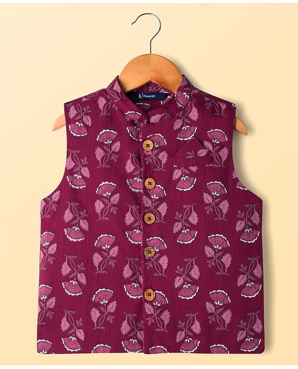 Pine Kids 100% Cotton Knit Full Sleeves Floral Printed Kurta & Pyjama Set With Jacket - Purple