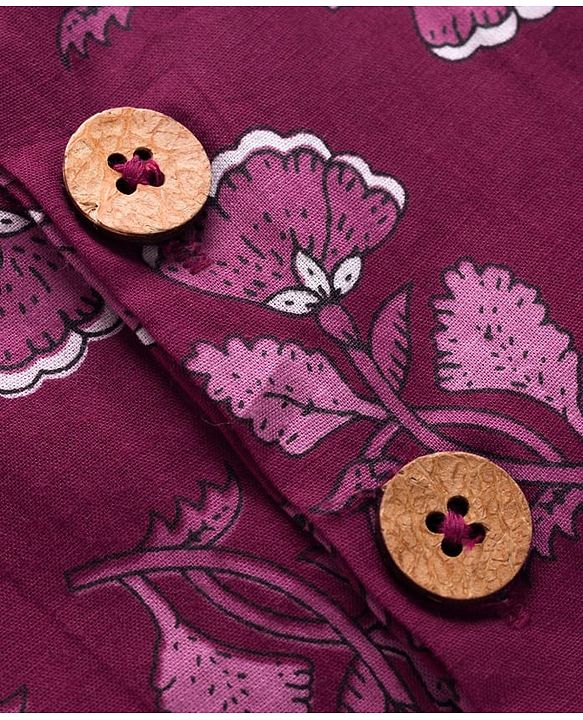 Pine Kids 100% Cotton Knit Full Sleeves Floral Printed Kurta & Pyjama Set With Jacket - Purple