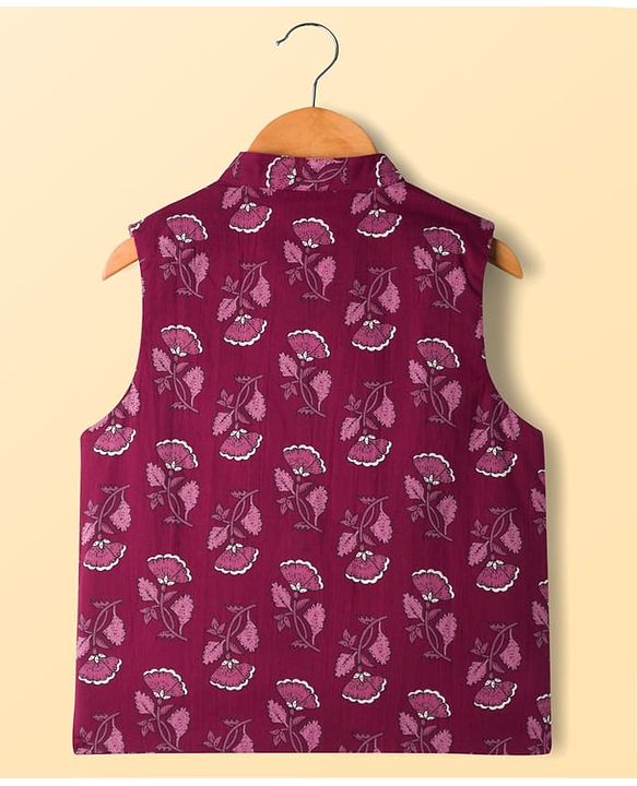 Pine Kids 100% Cotton Knit Full Sleeves Floral Printed Kurta & Pyjama Set With Jacket - Purple