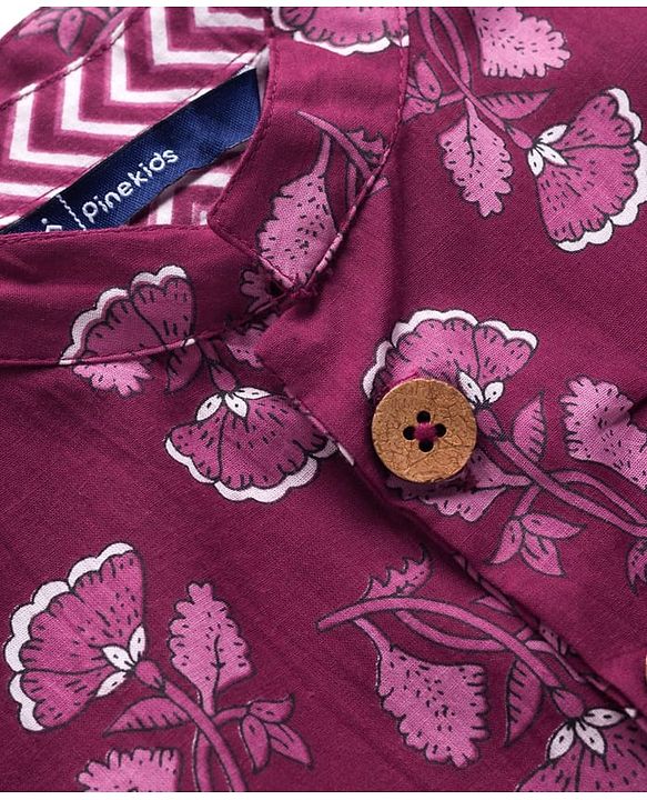 Pine Kids 100% Cotton Knit Full Sleeves Floral Printed Kurta & Pyjama Set With Jacket - Purple