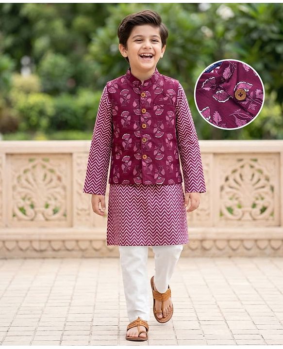 Pine Kids 100% Cotton Knit Full Sleeves Floral Printed Kurta & Pyjama Set With Jacket - Purple