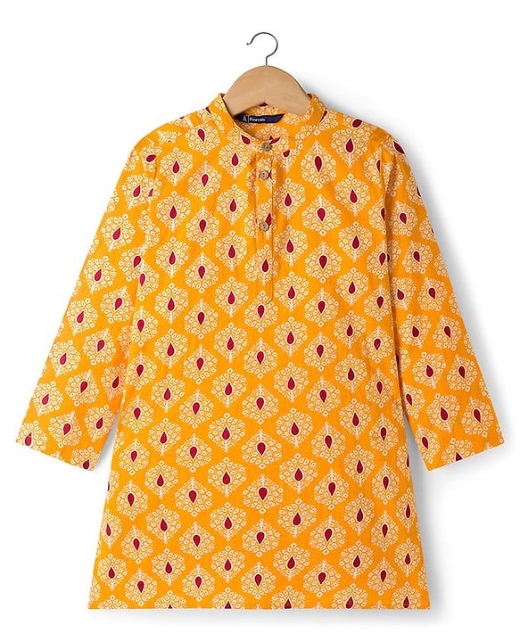 Pine Kids Cotton Woven Full Sleeves Kurta With Floral Print - Rust