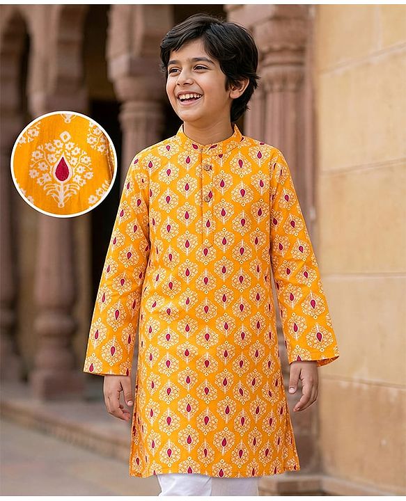 Pine Kids Cotton Woven Full Sleeves Kurta With Floral Print - Rust