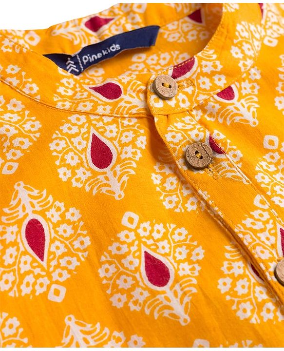 Pine Kids Cotton Woven Full Sleeves Kurta With Floral Print - Rust