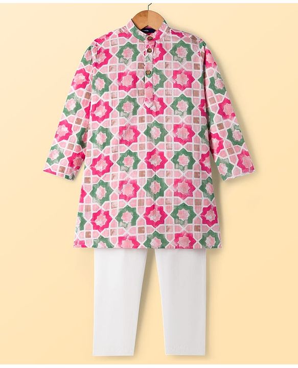 Pine Kids 100% Cotton Woven Full Sleeves Floral Printed Kurta & Pyjama Set - Multicolour