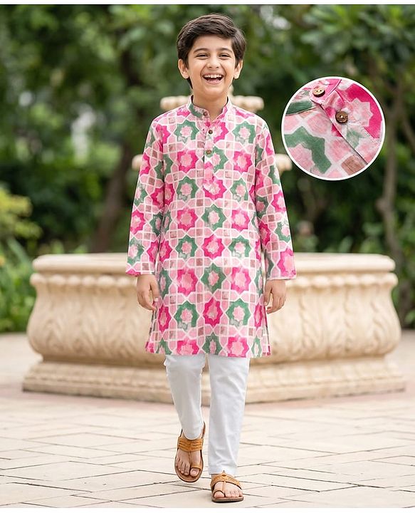 Pine Kids 100% Cotton Woven Full Sleeves Floral Printed Kurta & Pyjama Set - Multicolour