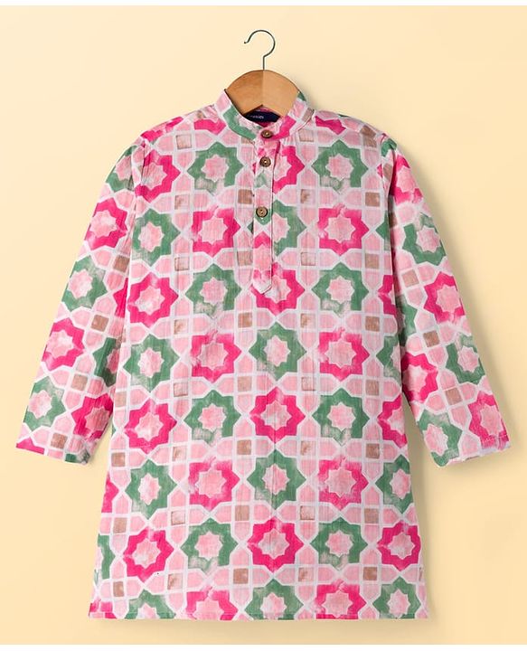 Pine Kids 100% Cotton Woven Full Sleeves Floral Printed Kurta & Pyjama Set - Multicolour