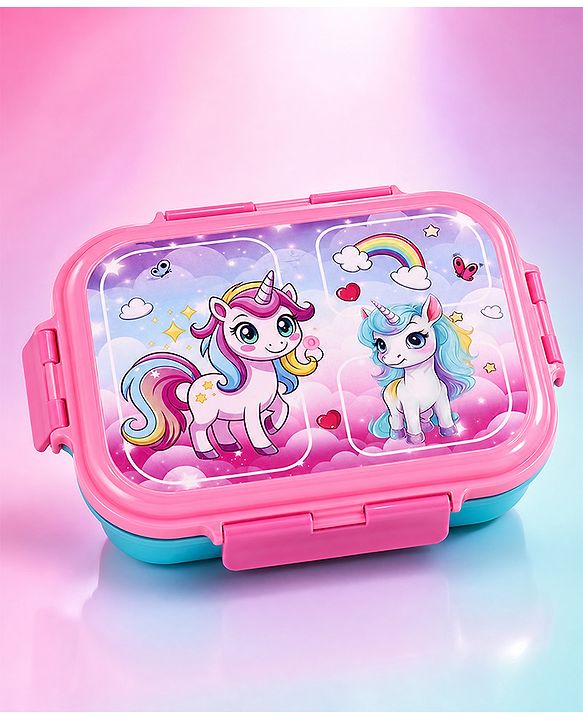 Babyhug Unicorn Print 3 Compartment Stainless Steel Big Size Lunch box|Airtight|BPA Free|100% Food Grade|Reusable|Recyclable|Perfect for School, Travel & Outdoors|575 ml- Pink