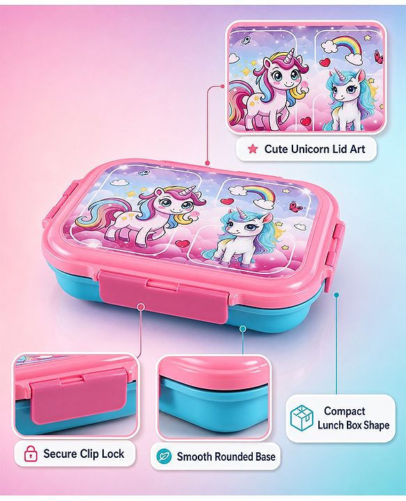 Babyhug Unicorn Print 3 Compartment Stainless Steel Big Size Lunch box|Airtight|BPA Free|100% Food Grade|Reusable|Recyclable|Perfect for School, Travel & Outdoors|575 ml- Pink