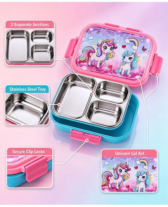 Babyhug Unicorn Print 3 Compartment Stainless Steel Big Size Lunch box|Airtight|BPA Free|100% Food Grade|Reusable|Recyclable|Perfect for School, Travel & Outdoors|575 ml- Pink