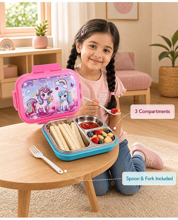 Babyhug Unicorn Print 3 Compartment Stainless Steel Big Size Lunch box|Airtight|BPA Free|100% Food Grade|Reusable|Recyclable|Perfect for School, Travel & Outdoors|575 ml- Pink