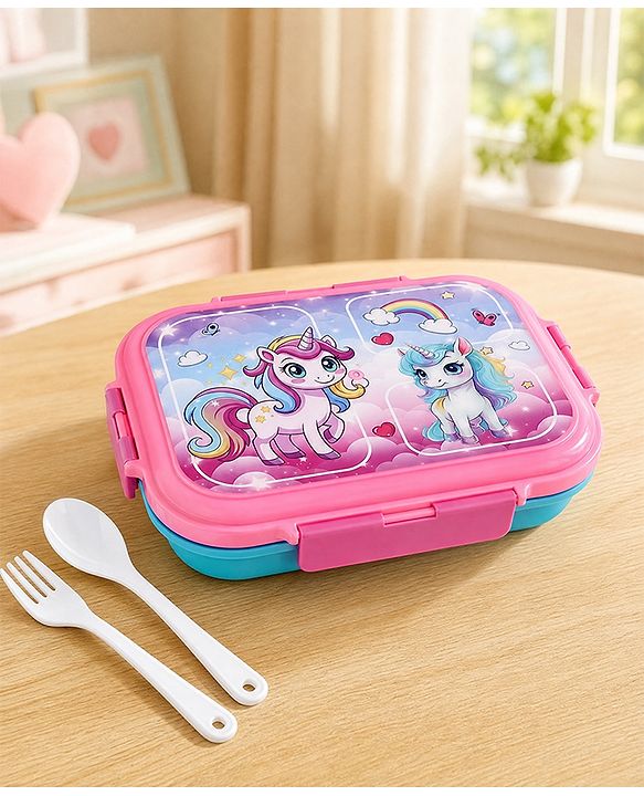 Babyhug Unicorn Print 3 Compartment Stainless Steel Big Size Lunch box|Airtight|BPA Free|100% Food Grade|Reusable|Recyclable|Perfect for School, Travel & Outdoors|575 ml- Pink