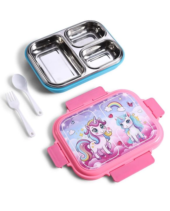 Babyhug Unicorn Print 3 Compartment Stainless Steel Big Size Lunch box|Airtight|BPA Free|100% Food Grade|Reusable|Recyclable|Perfect for School, Travel & Outdoors|575 ml- Pink