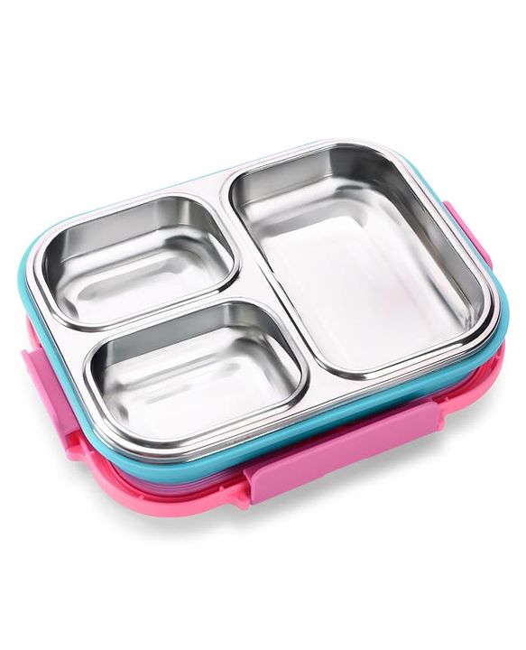Babyhug Unicorn Print 3 Compartment Stainless Steel Big Size Lunch box|Airtight|BPA Free|100% Food Grade|Reusable|Recyclable|Perfect for School, Travel & Outdoors|575 ml- Pink