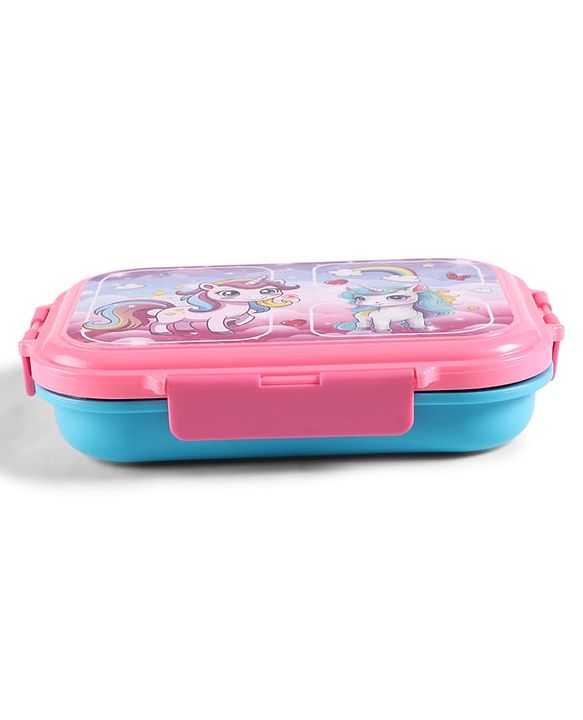 Babyhug Unicorn Print 3 Compartment Stainless Steel Big Size Lunch box|Airtight|BPA Free|100% Food Grade|Reusable|Recyclable|Perfect for School, Travel & Outdoors|575 ml- Pink