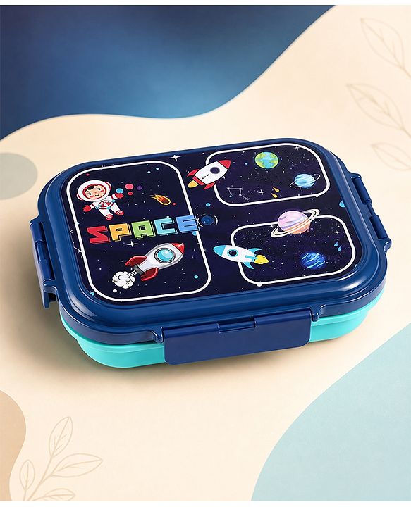 Babyhug Space Print 3 Compartment Stainless Steel Big Size Lunch box|Airtight|BPA Free|100% Food Grade|Reusable|Recyclable|Perfect for School, Travel & Outdoors|575 ml- Blue
