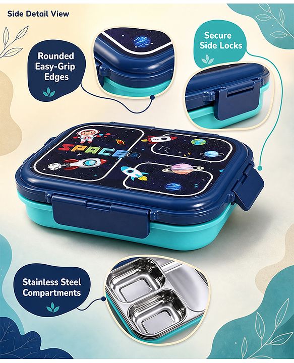 Babyhug Space Print 3 Compartment Stainless Steel Big Size Lunch box|Airtight|BPA Free|100% Food Grade|Reusable|Recyclable|Perfect for School, Travel & Outdoors|575 ml- Blue