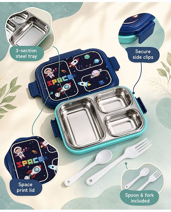 Babyhug Space Print 3 Compartment Stainless Steel Big Size Lunch box|Airtight|BPA Free|100% Food Grade|Reusable|Recyclable|Perfect for School, Travel & Outdoors|575 ml- Blue