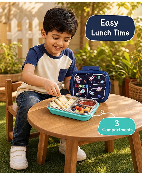 Babyhug Space Print 3 Compartment Stainless Steel Big Size Lunch box|Airtight|BPA Free|100% Food Grade|Reusable|Recyclable|Perfect for School, Travel & Outdoors|575 ml- Blue