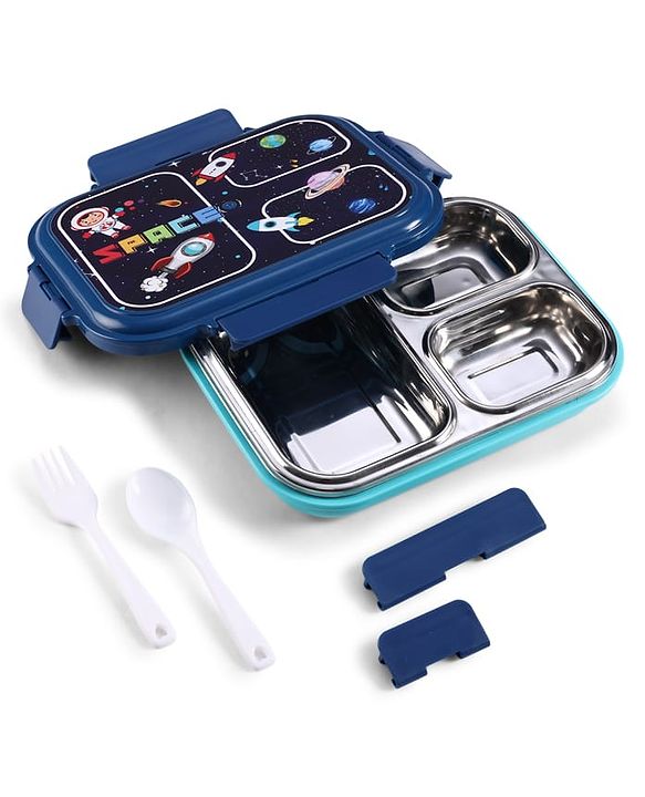 Babyhug Space Print 3 Compartment Stainless Steel Big Size Lunch box|Airtight|BPA Free|100% Food Grade|Reusable|Recyclable|Perfect for School, Travel & Outdoors|575 ml- Blue