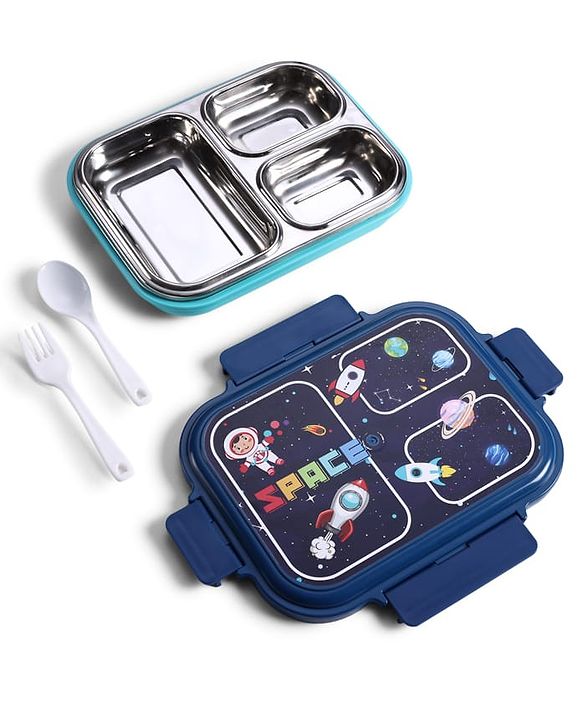 Babyhug Space Print 3 Compartment Stainless Steel Big Size Lunch box|Airtight|BPA Free|100% Food Grade|Reusable|Recyclable|Perfect for School, Travel & Outdoors|575 ml- Blue