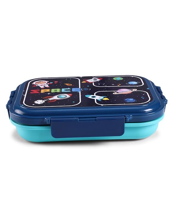 Babyhug Space Print 3 Compartment Stainless Steel Big Size Lunch box|Airtight|BPA Free|100% Food Grade|Reusable|Recyclable|Perfect for School, Travel & Outdoors|575 ml- Blue