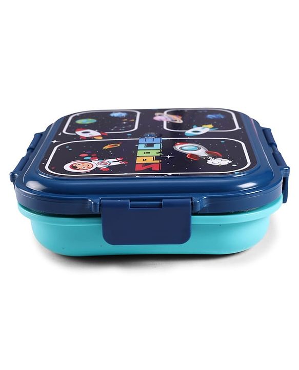 Babyhug Space Print 3 Compartment Stainless Steel Big Size Lunch box|Airtight|BPA Free|100% Food Grade|Reusable|Recyclable|Perfect for School, Travel & Outdoors|575 ml- Blue