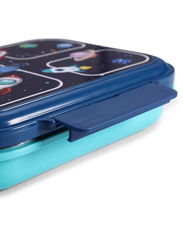 Babyhug Space Print 3 Compartment Stainless Steel Big Size Lunch box|Airtight|BPA Free|100% Food Grade|Reusable|Recyclable|Perfect for School, Travel & Outdoors|575 ml- Blue