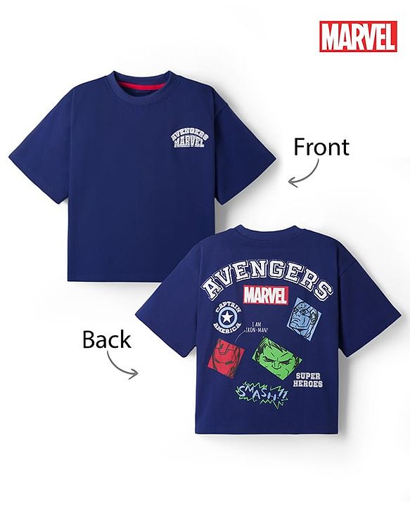 Pine Kids Marvel Cotton Knit T-Shirt Drop Shoulder Half Sleeves With Avengers Front & Back Print Navy Blue 4-5 Years