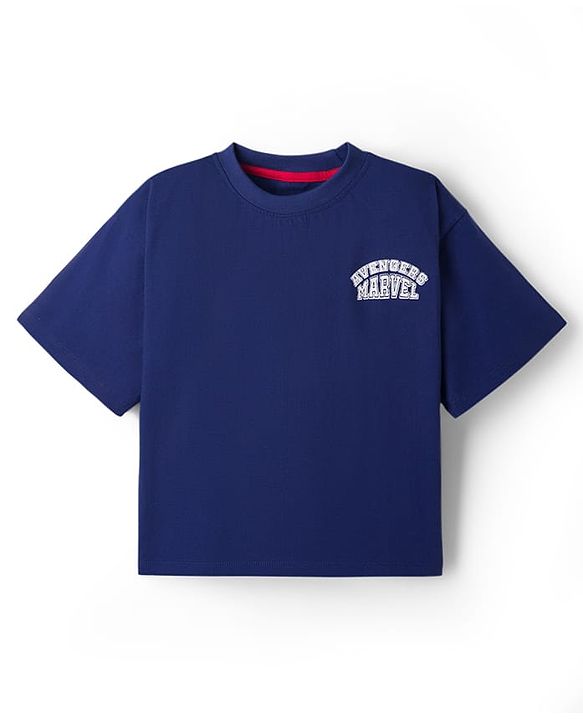 Pine Kids Marvel Cotton Knit T-Shirt Drop Shoulder Half Sleeves With Avengers Front & Back Print Navy Blue 4-5 Years