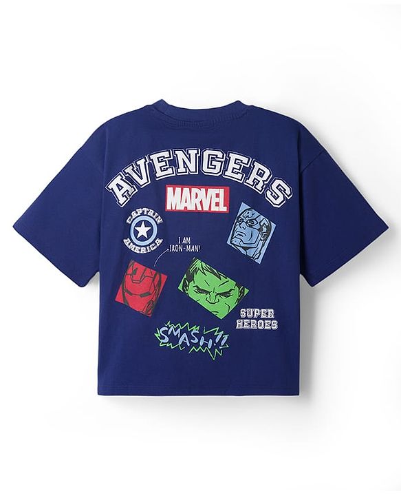 Pine Kids Marvel Cotton Knit T-Shirt Drop Shoulder Half Sleeves With Avengers Front & Back Print Navy Blue 4-5 Years