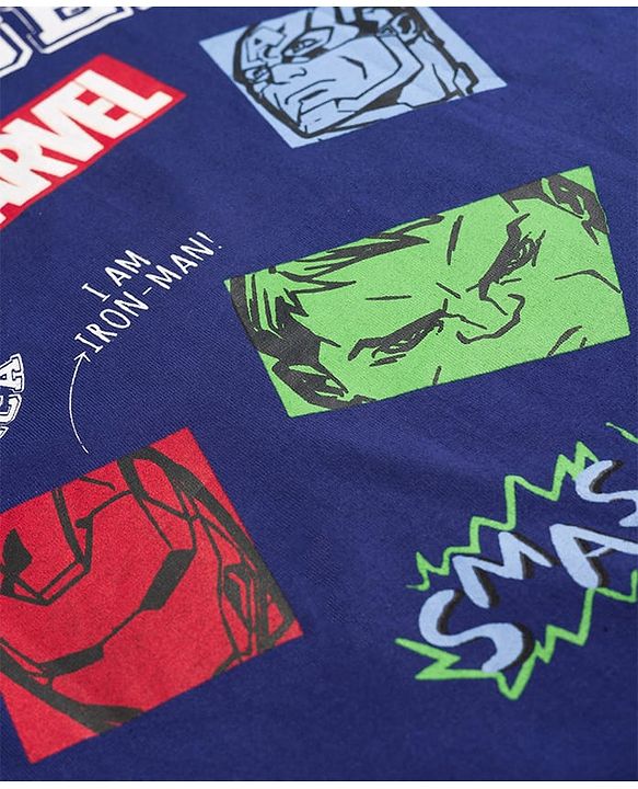 Pine Kids Marvel Cotton Knit T-Shirt Drop Shoulder Half Sleeves With Avengers Front & Back Print Navy Blue 4-5 Years