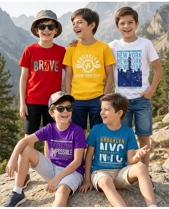 Pine Kids Cotton Knit Half Sleeves Text Printed T-Shirts Pack Of 5 - Multicolour