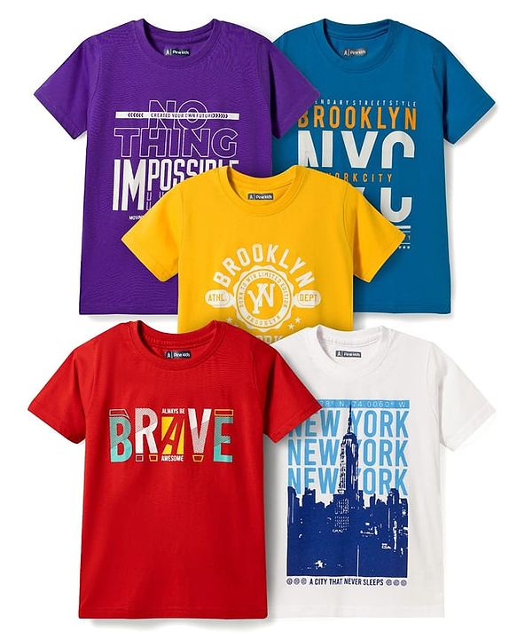 Pine Kids Cotton Knit Half Sleeves Text Printed T-Shirts Pack Of 5 - Multicolour