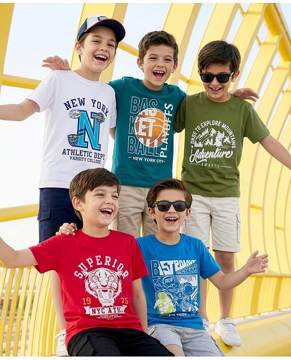 Pine Kids Cotton Knit Half Sleeves Tiger & Text Printed T-Shirts Pack Of 5 - Multicolour