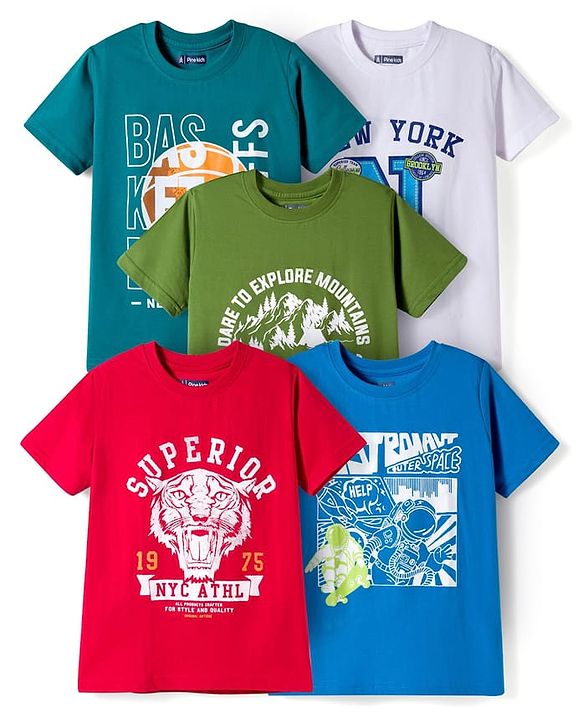 Pine Kids Cotton Knit Half Sleeves Tiger & Text Printed T-Shirts Pack Of 5 - Multicolour