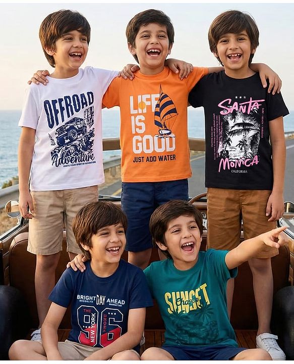 Pine Kids Cotton Knit Half Sleeves Beach Theme & Vehicles Printed T-Shirts Pack of 5 - Multicolour