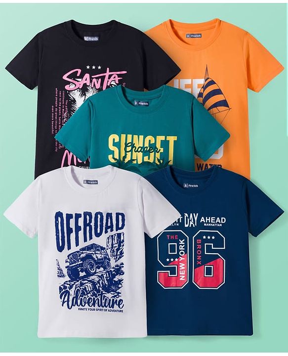 Pine Kids Cotton Knit Half Sleeves Beach Theme & Vehicles Printed T-Shirts Pack of 5 - Multicolour
