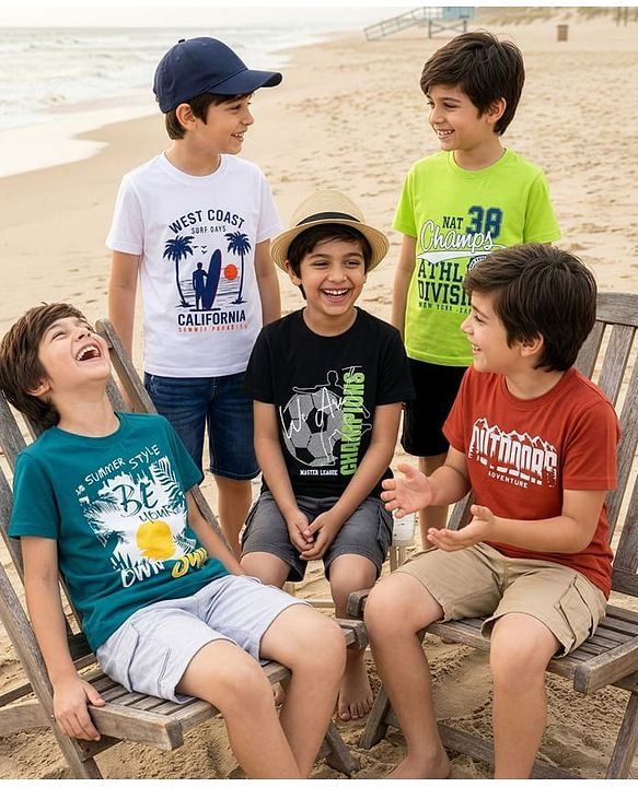 Pine Kids Cotton Knit Half Sleeves Sports Theme Printed T-Shirts Pack Of 5 - Multicolour