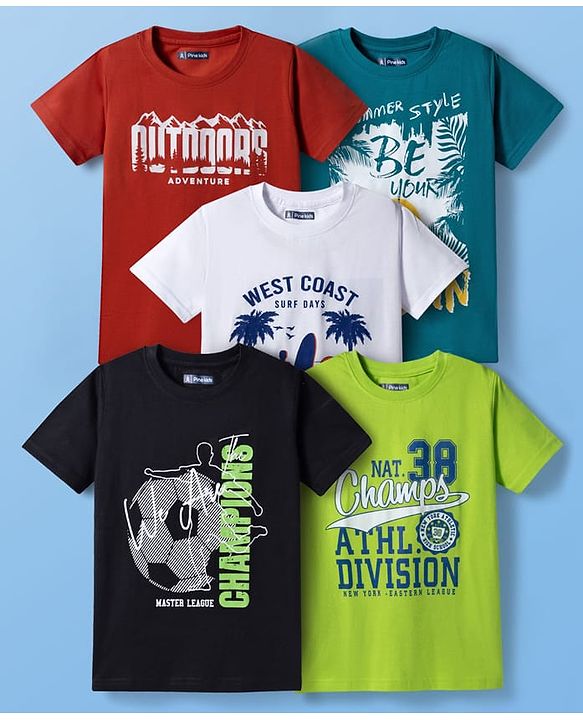 Pine Kids Cotton Knit Half Sleeves Sports Theme Printed T-Shirts Pack Of 5 - Multicolour