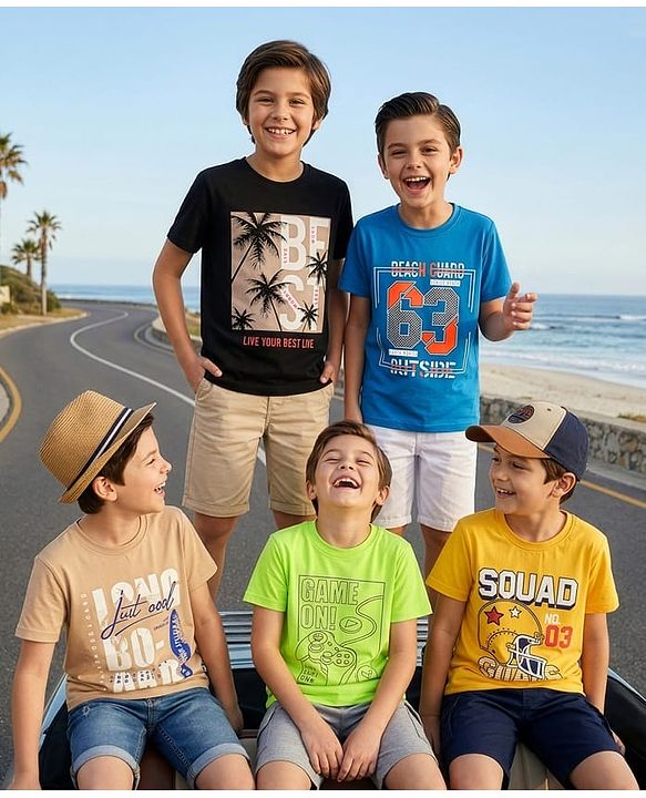Pine Kids Cotton Knit Half Sleeves beach Theme & Text Printed T-Shirts Pack Of 5 - Multicolour