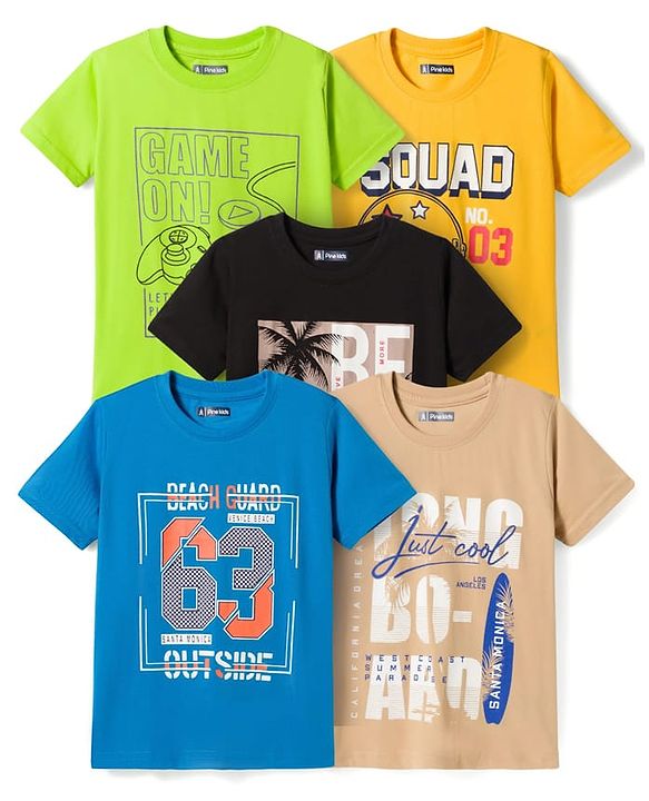 Pine Kids Cotton Knit Half Sleeves beach Theme & Text Printed T-Shirts Pack Of 5 - Multicolour