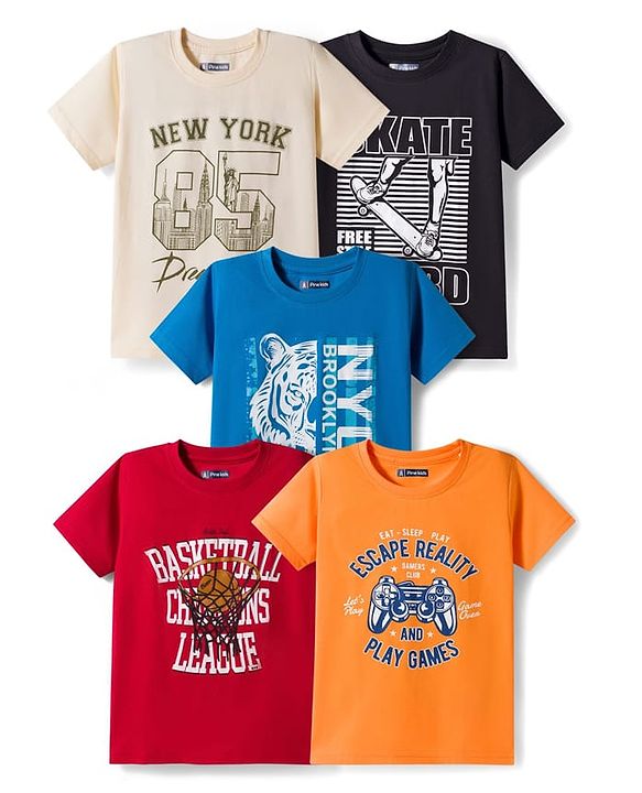 Pine Kids Cotton Knit Half Sleeves Sports & Text Theme Printed T-Shirts Pack Of 5 - Multicolour